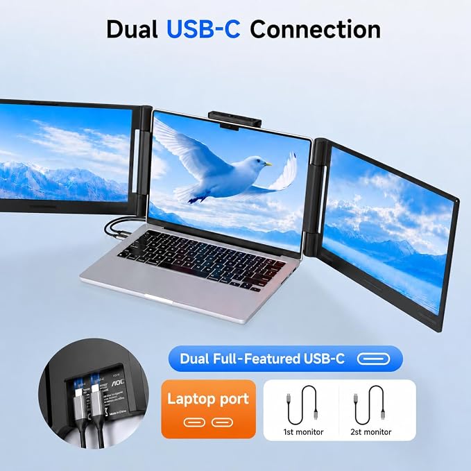 AOC 14" Laptop Screen Extender, Triple Portable Monitor for 13”-17.3" Laptops, 1080P FHD IPS Display, HDMI/USB-C Cable Plug-Play Laptop Monitor Extender for Mac/Windows (Black)