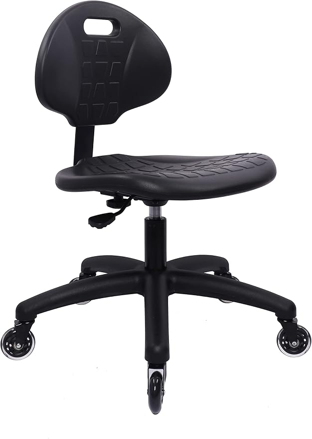 Table Height Chair/Stool-Easy to Clean! Deluxe Ergonomic Polyurethane Chair. 5" of Height Adj (16.5"-21.5") 450 lb Capacity. Automotive, Lab, Garage, Home, Office (Rubber Roller, Black)