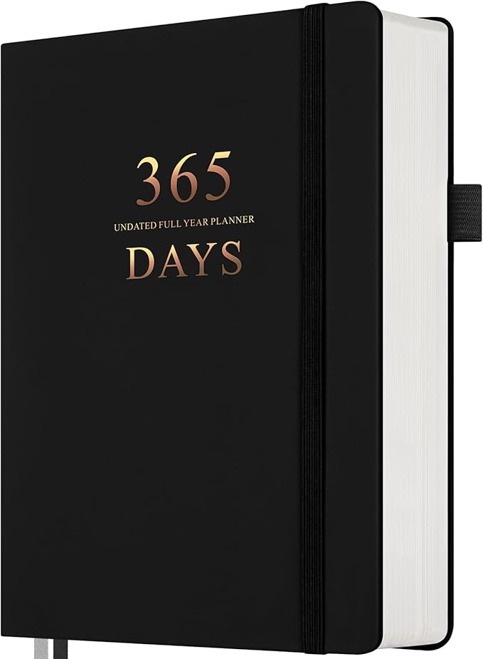 Daily Planner Undated, Planners 2025-2026, 365 Day Planners, Work Planner for Men, Hourly Planner Notebook for Goal Setting, Appointment Agenda, Hardcover, Start Anytime, A5, Black