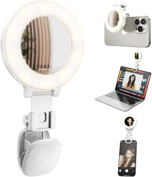 Portable Ring Light for Phone with Mirror, Foldable Clip-On Selfie Light for iPhone, Webcam, Vlog, TikTok, 3 Colors & 9 Brightness, Rechargeable LED Light for Video Recording and Makeup