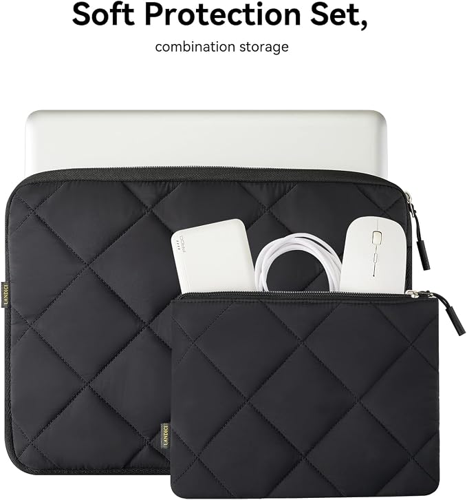 LANDICI Puffy Laptop Sleeve Carrying Case 14 15 Inch Compatible with MacBook Pro 14/15, MacBook Air M2 15, Surface Laptop 4/5, Chromebook 14, Cute Computer Cover Bag with Accessories Pouch, Black