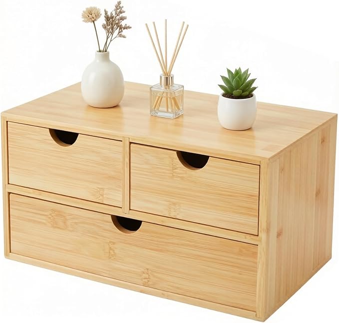 Charmewooden Bamboo Desk Organizer 3 Drawer, Countertop Organizer with Drawers Makeup Storage Drawer 3 Drawers Tabletop Storage Organization Box Home Office Workspace