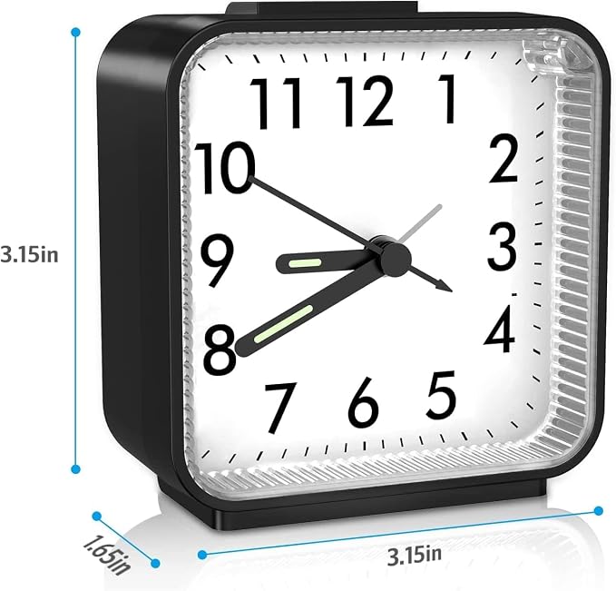 AMIR Analog Alarm Clock, Silent Non Ticking Small Clock, Travel Alarm Clock with Snooze & Light, Ascending Beep Sounds, Battery Operated Loud Alarm Clock for Bedroom, Bedside, Desk (Black)