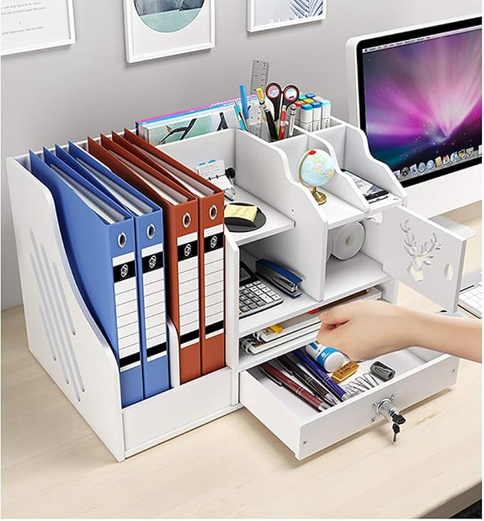White Desktop Organizer, Multipurpose Desk Document File Tray Organizer Storage Display Shelf Rack for Home Office School(PB02)