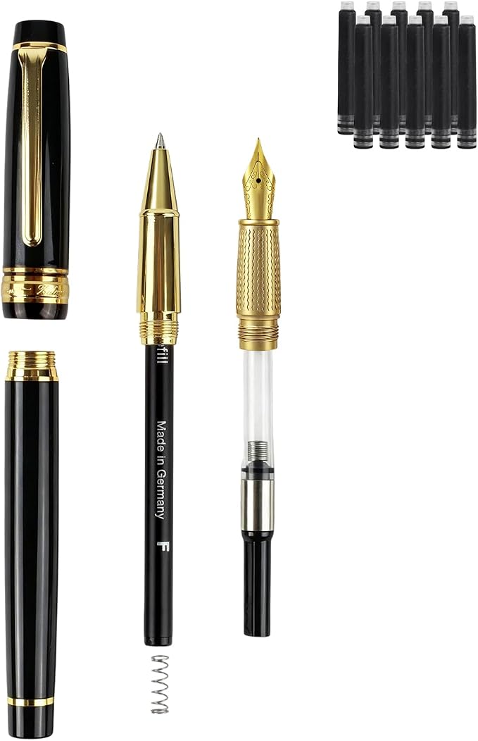 Fountain Pen & Rollerball Pen Set, 2-in-1 Luxury Writing Pen with F Iridium Fountain Pen Nib & 0.5mm Schmidt Rollerball Nib, Refillable Ink Cartridge & Converter, Brass Body with 24K Gold Accents