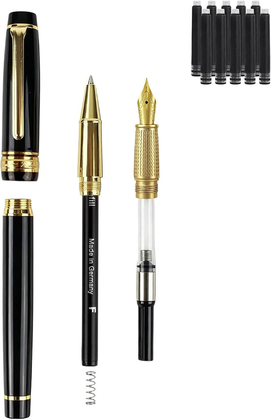 Fountain Pen & Rollerball Pen Set, 2-in-1 Luxury Writing Pen with F Iridium Fountain Pen Nib & 0.5mm Schmidt Rollerball Nib, Refillable Ink Cartridge & Converter, Brass Body with 24K Gold Accents