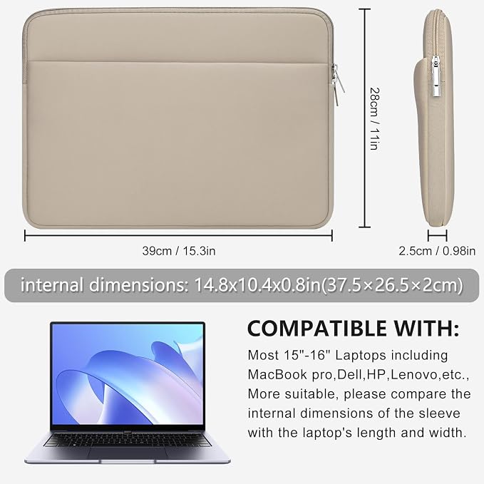 Laptop Sleeve Bag Compatible with 15 to 16 inches MacBook HP Dell Asus Acer Protective Case with Front Pocket Padded Computer Pouch Cover Protective for 15” to 16” Laptop, Khaki