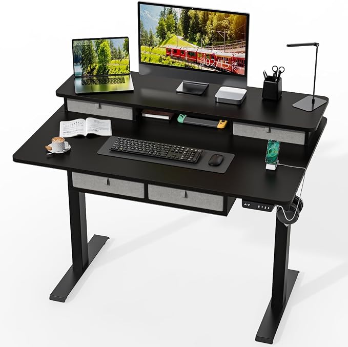 Kingant Electric Standing Desk with 4 Drawers,USB Charging Ports 48"x 30" | Ergonomic Height Adjustable Large Workstation, Heavy-Duty Sit Stand Up Desk For Home Office Daily Work,Black