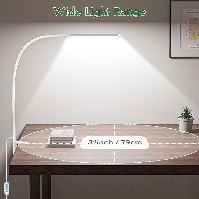 Clamp Lamp for Desk, Eye-Caring LED Clip Light (White) | 27" Tall Flexible Arm, 3 Color Modes 10 Brightness, USB-Powered with 5V/2A Adapter
