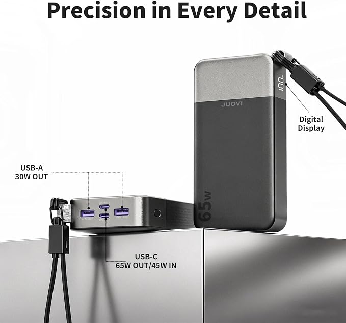 JUOVI Portable Charger, 65W Laptop Power Bank Fast Charging with Attached USB C Cable, 20000mAh Battery Pack Charger Portable, Powerbank for Laptop, for MacBook iPhone 17 16 Pro Samsung S26 and More