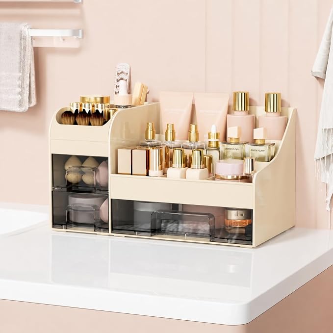 Makeup Organizer with Drawers,Large Cosmetic Storage Box,Countertop Skincare Organizer,ABS Makeup Brush Holder for Bathroom,Desk,Dresser,Multifunctional Beauty Display Case,Cream transparent