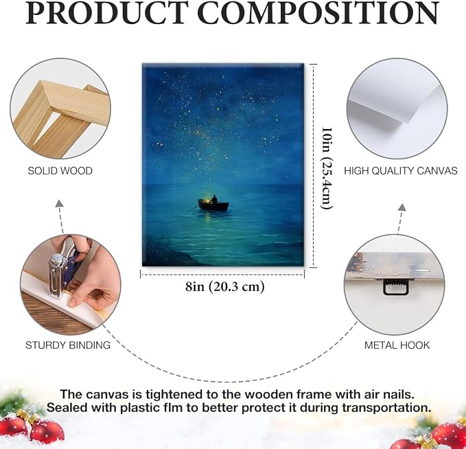 Ocean Wall Art, Blue Night Sea Boat Starry Sky Canvas Wall Decor, Aesthetic Seascape Canvas Poster Pictures, Calm Minimalist Print for Living Room Bedroom Office 8x10 Framed