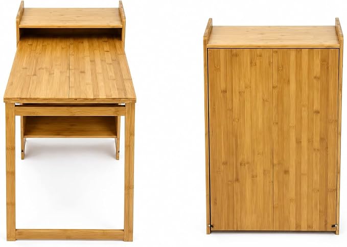 HDDFER Bamboo Folding Desk for Small Spaces,Hidden Desk with Storage Shelf, Foldable Computer Desk for Bedroom Home Office, Mid Century Modern Fold Out Table Writing Table, Natural