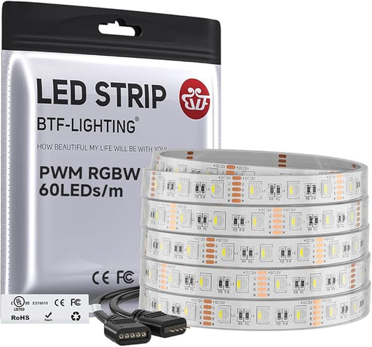 BTF-LIGHTING RGBW LED Strip Lights,UL Listed,5050 4 Colors in 1 RGB + 6000K-7000K Cool White,12V DC,16.4ft/5m 60LEDs/m 12mm White PCB, IP67 Waterproof for Home Decoration(No Adapter or Controller)
