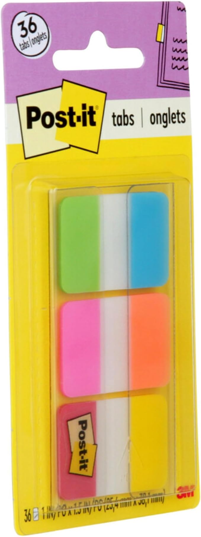 Post-it Tabs, 1 in Solid, Aqua, Yellow, Pink, Red, Green, Orange, 6/Color, 36/Dispenser (686-ALOPRYT)