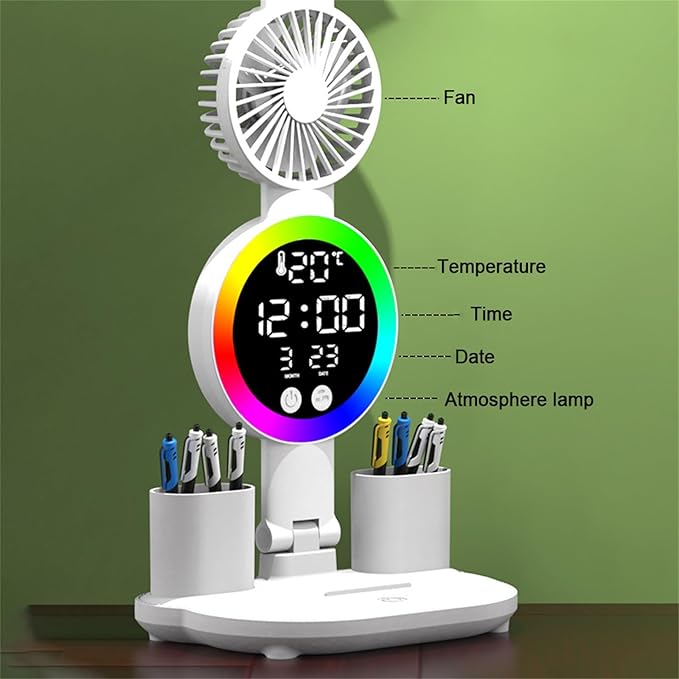 ikaufen Multifunctional LED Desk Lamp with Cooling Fan Digital Time Temp Display 3 Color Mode Stepless Dimmable Eye-Caring Table Light Foldable Pen Holders USB Type-C (Round Light, Touch)