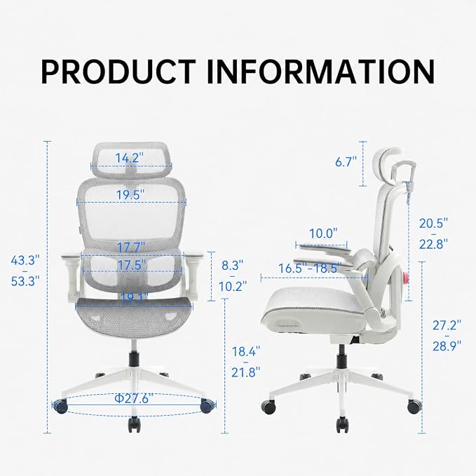 SIHOO B300 PRO Comfy Ergonomic Office Chair Without FOOTREST, Mesh Computer Chair with 360° FILP-up 6D Armrests, 135° Reclining, Breathable Desk Chair for Home Office, Holds 300 LBS-White