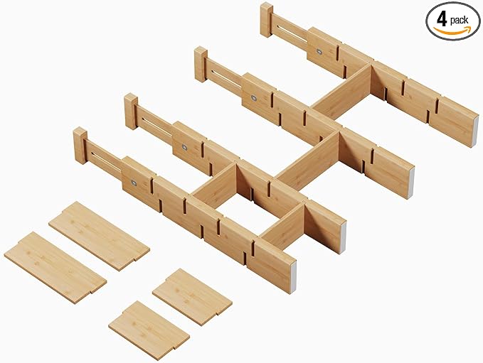 Bamboo Drawer Dividers 4 Pack with Inserts, Kitchen Adjustable Drawer Organizers for Home, Bedroom, Dresser, Expandable Organization 4 Dividers with 8 Inserts