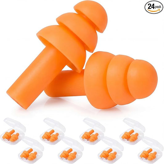 24 Pair Orange Ear Plugs Bulk NRR 29dB Reusable Silicone with Plastic Cases - Soft Foam for Sleeping, Noise Cancelling, Concerts, Shooting, Swimming, Noise Reduction