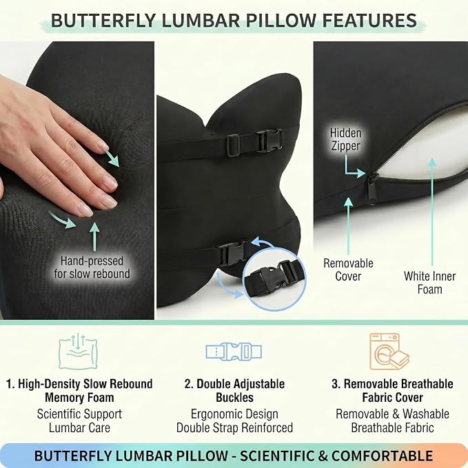 Butterfly Lumbar Support Pillow for Car and Chair, Blak | Memory foam back cushion with butterfly support, washable cover and dual adjustable straps for chairs and car seats