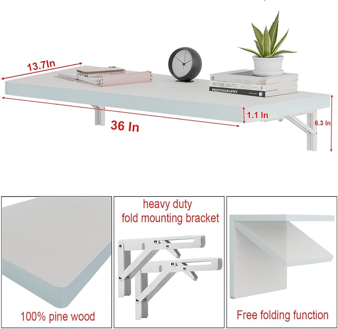 IAE Wall Mounted Folding Table with Pine Wood,36" x 14" Floating Wall Desk,Laundry Folding Table with Shelf Brackets,Fold Down Desk Shelf,Fold Workbench for Apartments,Home,Laundry Room,Kitchen,White