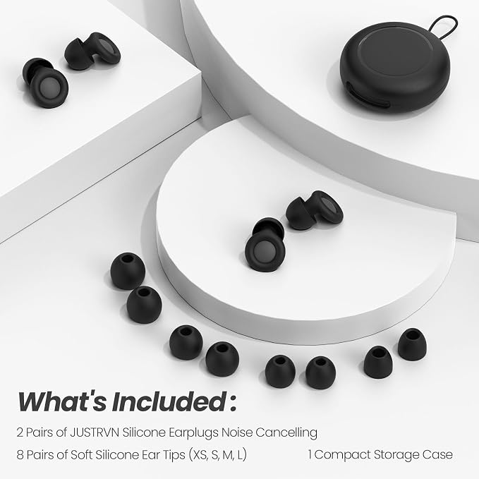 JUSTRVN Ear Plugs for Sleeping,2 Pairs of Noise Reduction Earplug for Concert&Study, Hearing Protection Earplugs -30dB with 4-Size Tips,Reusable Silicone Earplugs for Comfort,Focus and Loud Events