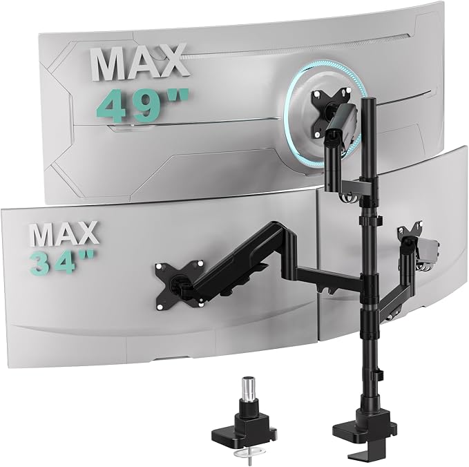WALI Stacked Triple Monitor Mount for 49" UItrawides and Dual 34" Monitors | Heavy Duty 3 Monitor Arm up to 33 lbs, Full Motion with Tilt, Swivel, Rotation, C-Clamp & Grommet Base, VESA 75/100mm, Black