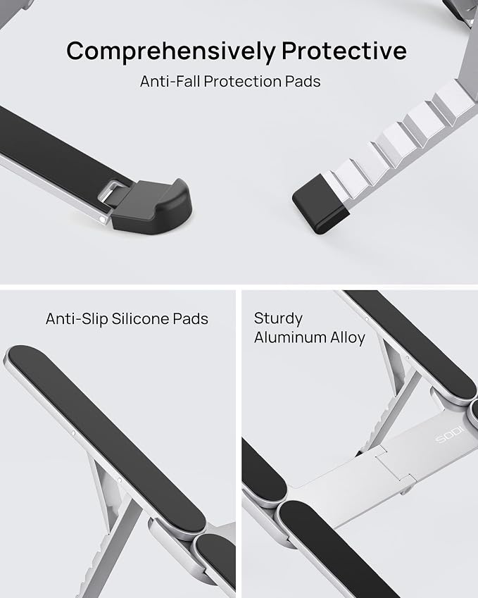 【Innovative & Ultra Compact】SODI Foldable Laptop Stand for Desk, Lightweight Portable Tablet Holder for Business Travel, Cafe, 6 Level Height Adjust Computer Holder for MacBook, Tablet 10-16", Silver