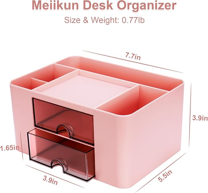 Meiikun Plastic Pen Organizer, Multifunctional Desk Organizer with 2 Drawers, 4 Compartments & a Top Tray, Pencil Holder Desktop Organizers and Accessories for Office, 7.7" x 5.5" x 3.9" (Pink)