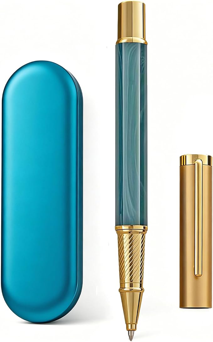 Luxury Rollerball Pen with Gold Trim, Elegant Resin Writing Instrument, Fine Point Black Ink Refill, Business Signature Pen with Metal Gift Box for Executive, Men, Women (Glacier Green)