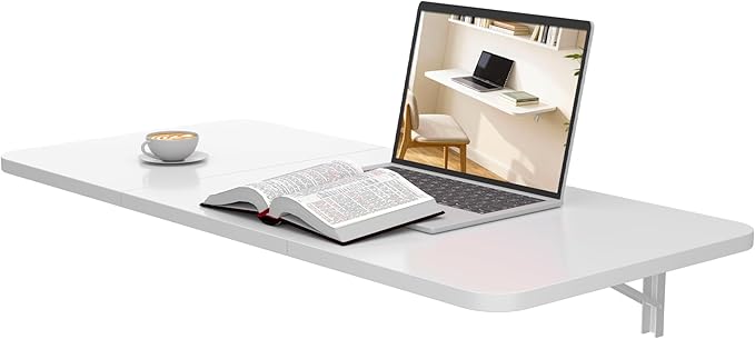 Wall Mounted Folding Desk 35.4” x 15.7”, Drop Down Table with Metal Collapsible Brackets, Folding Wall Table for Small Spaces, Home, Office, Kitchen, Laundry Room-White