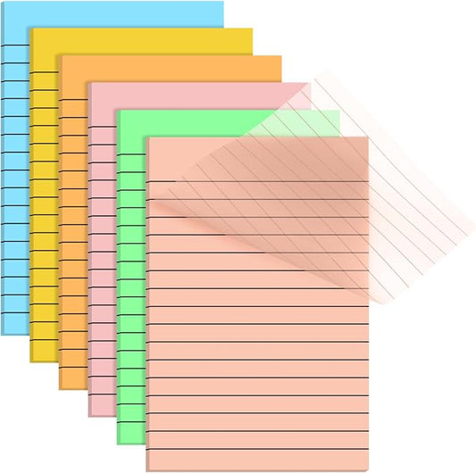 Yinder 6 Pack Colored Transparent Sticky Notes Translucent Clear Lined Self Sticky Notes, Back to School Gift Bible Tab for Planners, School Supplies Office, 30 Sheets/Pack, 4 x 6'' (Rainbow Color)