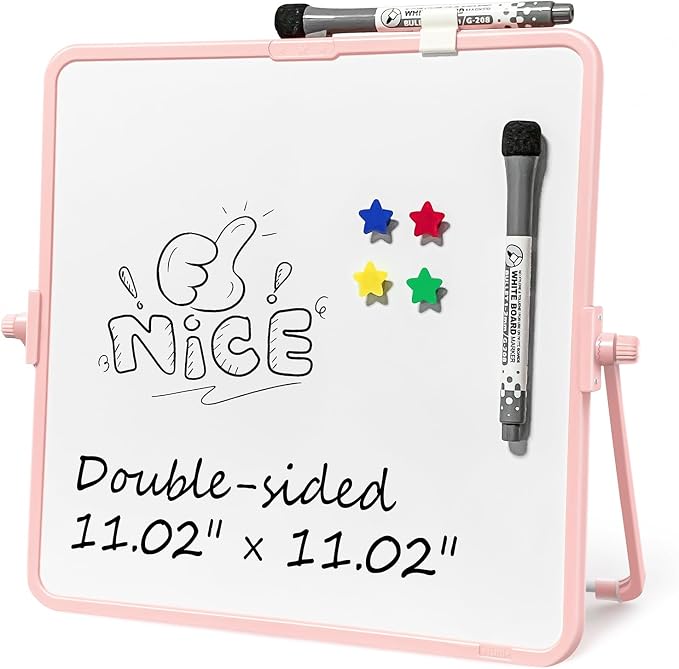 Colorful Dry Erase White Board 11x11in, Magnetic Desktop Board with Stand, 2 Markers (Eraser Head), 4 Magnets - Double-Sided Easel for Daily Planning, Office/Home/School (Pink)