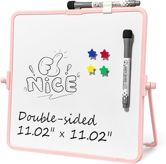 Colorful Dry Erase White Board 11x11in, Magnetic Desktop Board with Stand, 2 Markers (Eraser Head), 4 Magnets - Double-Sided Easel for Daily Planning, Office/Home/School (Pink)