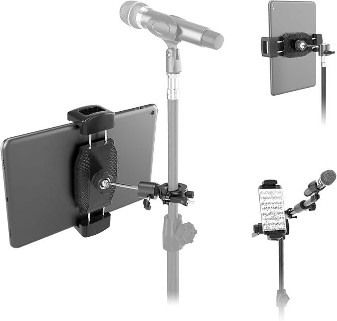 Kereal Tablet Holder for Mic Stand with 360° Ball Head and 3/8 to 1/4 Adapter, Microphone Stand Music Stand Tablet Phone Holder for Tripod, Fit for All 4.7 to 12.9 iPhone, Ipad, Andriod Smartphone