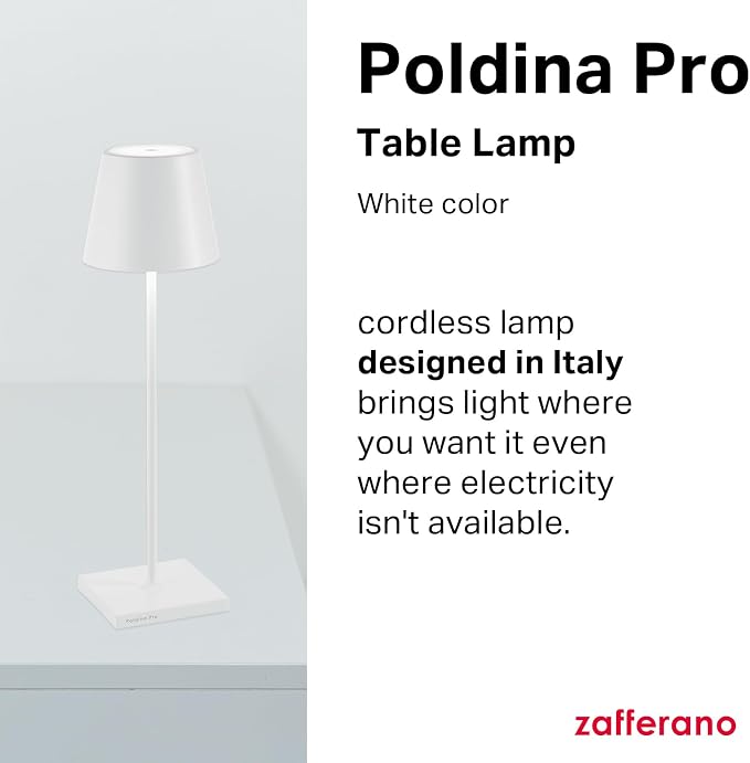 Zafferano, Poldina Pro Lamp, Rechargeable Cordless Table Lamp with Touch Controls, Suitable for Indoor and Outdoor, Dimmer, 2200-3000 K, Height 14.9 Inches, White Color