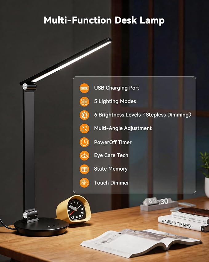 LED Desk Lamp with USB Charging Port, Touch Control, 6 Brightness Levels 6 Color Temperatures, Eye-Caring Desk Light with 1-Hour Timer, Adjustable Foldable Lamp for Home Office, Bedroom, Study