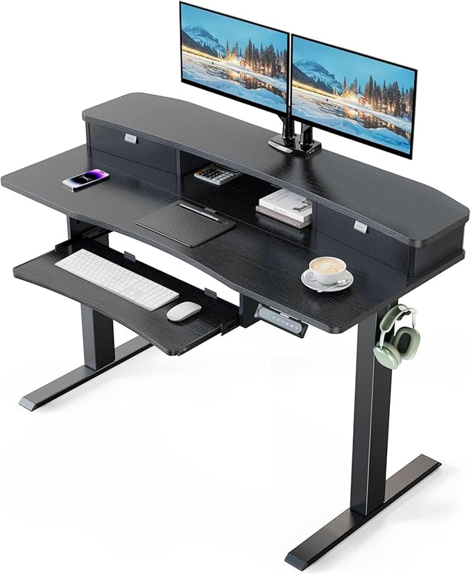 HUANUO 48" x 26" Electric Standing Desk, 2 Drawers & Keyboard Tray, Black | Ergonomic Desk with 2 Drawers: 27.9"-46.8" electric lifting. 26.7" keyboard tray & C-clamp mount top maximize workspace