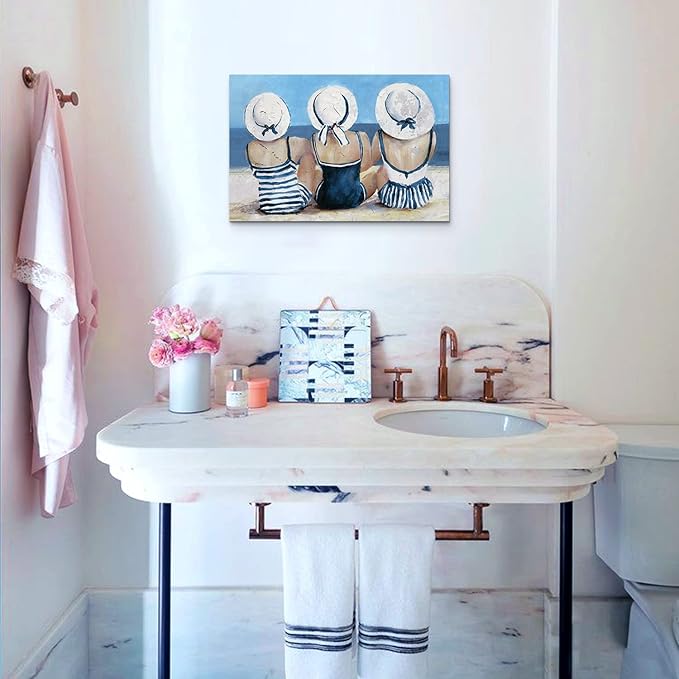 Beach Girls Wall Art Coastal Room Wall Decor Vintage Ocean Landscape Picture Nautical Bathroom Canvas Prints 16x24”, Seascape Poster Retro Swimsuit Girl Painting Artwork Modern Bedroom Decoration
