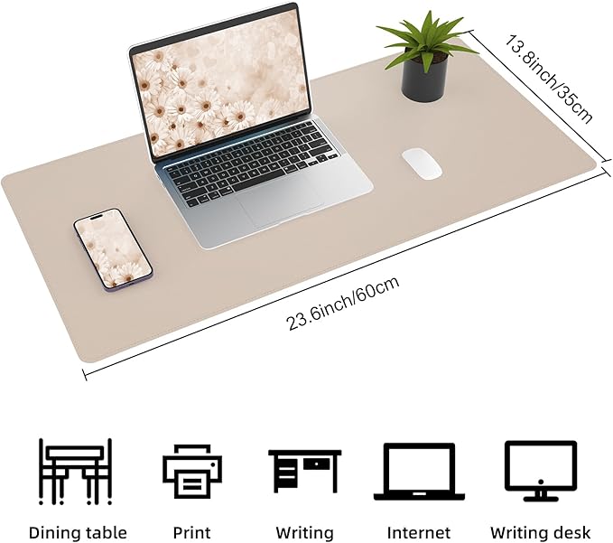 AFIING Desk Mat, Beige, 23.6" x 13.8", Desk Pad Protector | Dual-Sided Cork & PU Leather, Waterproof, Non-Slip for Mouse, Writing, Home Office, Study & Laptop