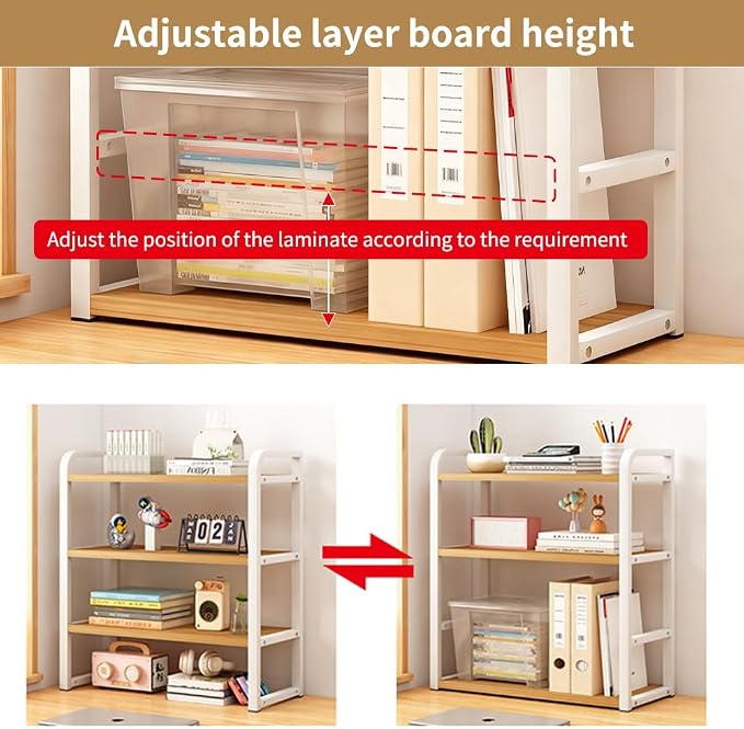 Office Desk Shelf Organizer, Wood Desktop Bookshelf Supplies Storage Rack, Shelf for Top of Desk and Dresser and Cubicle Decor Aesthetic Bookshelf (Black Wood-three Tier, 15.75 Lx7.87 Wx22.05 H)