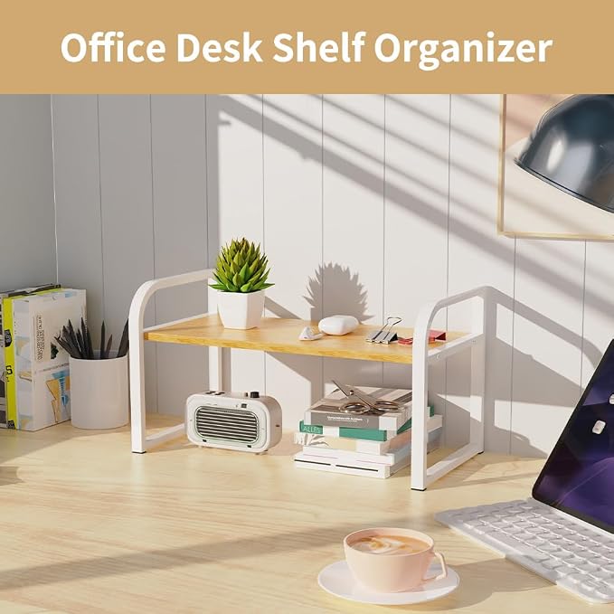 Office Desk Shelf Organizer, Wood Desktop Bookshelf Supplies Storage Rack Shelf for Top Desk and Dresser and Cubicle Decor Bookshelf Monitor Stand Riser (White Wood-single Tier, 11.81 Lx7.87 Wx8.46 H)