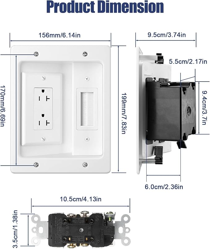 Wall Cable Concealer Kit, in Wall Cable Management Kit for TV, Recessed Outlet with Cable Management Box, in Wall Power Kit Hides TV Cords and Cables, Fits All Plugs, White