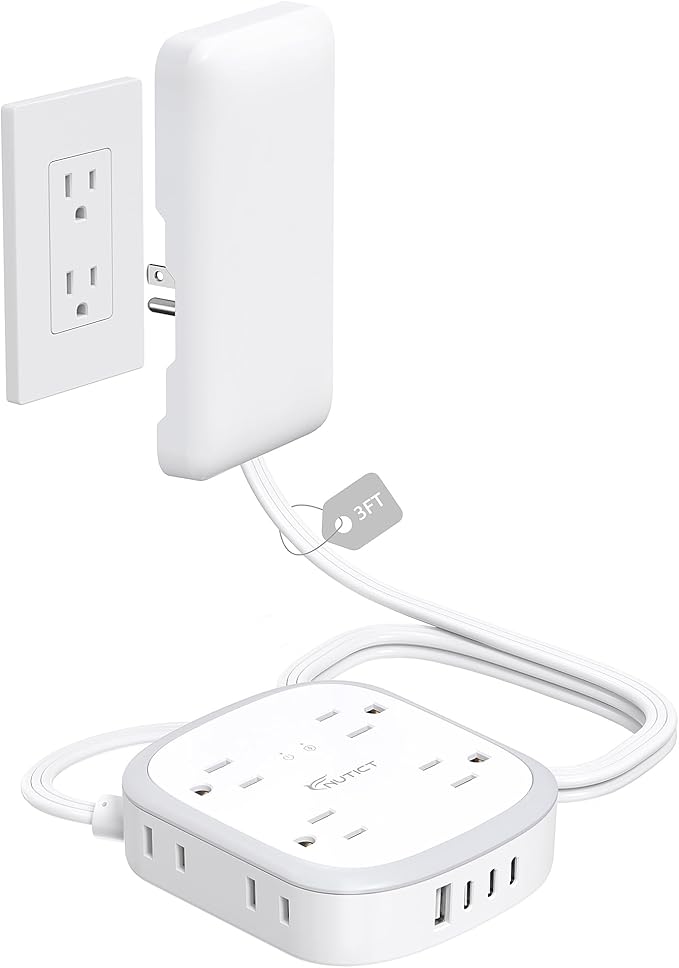 NUTICT Outlet Cover Extension Cord, Flat Plug Power Strip 3ft, 8 Outlets (4-2Pin)& 4 USB Ports (3 USB C), 13A/1625W, 1440J Surge Protector, Wall Mountable, Ideal for Home Improvement, Tight Spaces