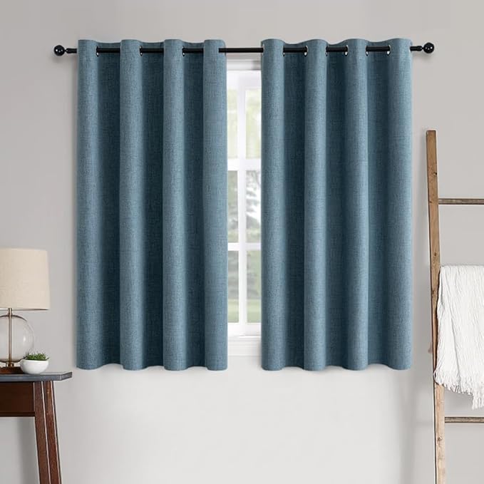 MIULEE Linen Texture Curtains for Bedroom Solid 100% Blackout Thermal Insulated Dusty Blue Curtains Grommet Room Darkening Drapes Luxury Decor for Living Room 52x63 Inch (2 Panels)