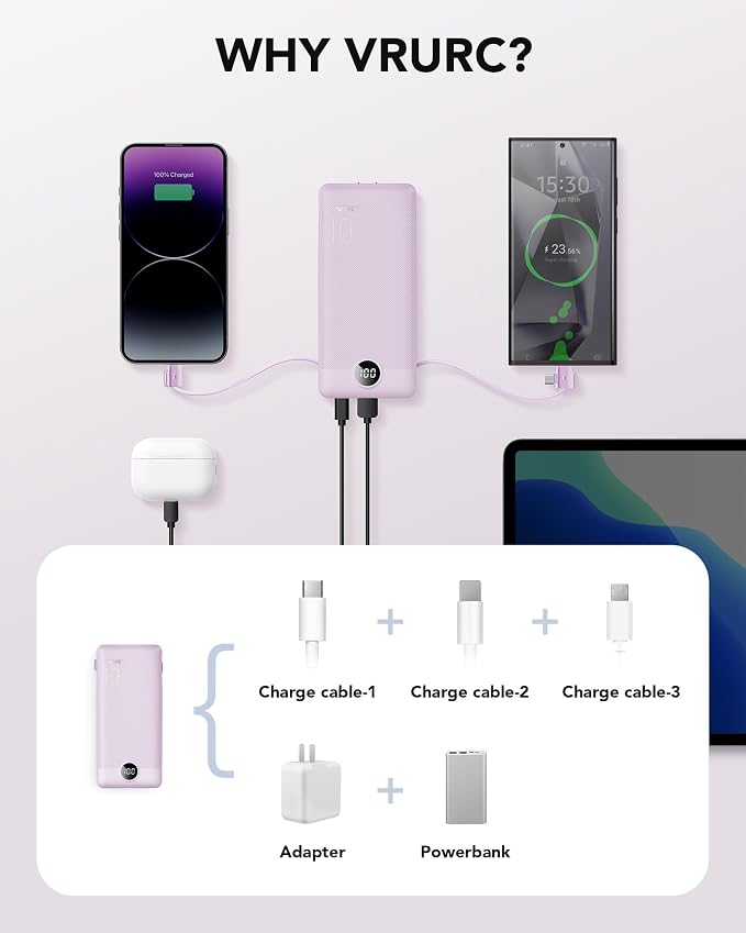 VRURC Portable Charger Built-in Cables and AC Wall Plug,Power Bank 10000mAh | Travel Essentials Phone Charger Compact Lightweight External Battery Pack for Smart Phones, Tablets etc (Purple)