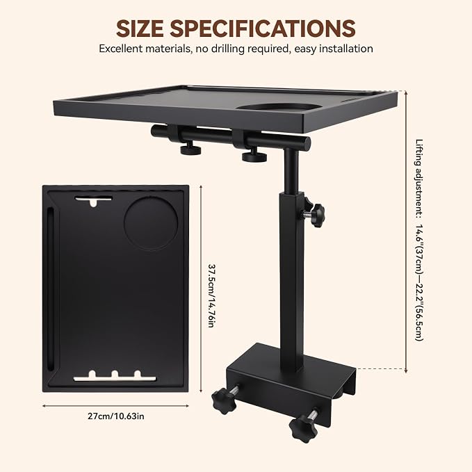 Bedside Shelf Rotating Foldable Tray:Height-Adjustable Clip On Bed Side Tray Table, Tray Table with Sturdy Metal Pole,Fits Bed Frames 0.7"-2.7" Wide for Dorms, Apartments, Bedrooms,Dorm Essentials