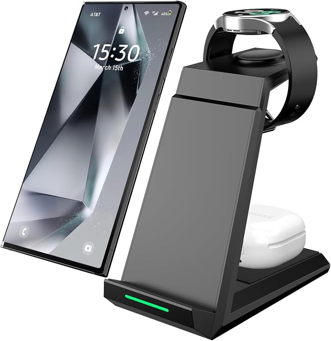 Wireless Charger for Samsung, ADADPU 3 in 1 Charging Station for Multi Devices,Fast Charger Stand Dock for Galaxy S26 S25 S24 S23 S22,Galaxy Watch 8/7/6/5/4/3,Galaxy Buds(with 5ft Cable & 20W Adapter)
