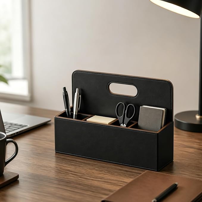 Mail Organizer Countertop, Pencil Holder, Office Supplies File Bill Sorter | PU Leather Modern 5-Slot Workspace Storage box,Remote Caddy for Stationery,Glasses,Letter,Pen,Desk Accessories, Home Decor