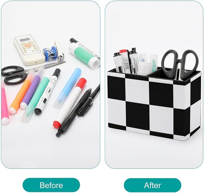 Chess Pattern Black And White Checkered PU Leather Pen Holder Desk Organizer, 2-Compartment Pencil Container for Office, Home, Vanity Use